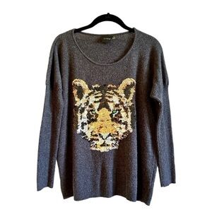CLICHE’, WOMENS, DARK GREY, PULLOVER SWEATER WITH SEQUIN TIGER ON FRONT. SIZE S